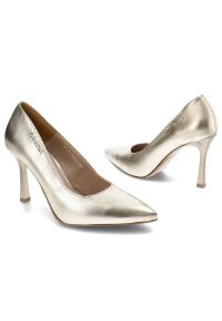 Złote Czółenka Karino Eleganckie Skórzane Buty. Kolor: złoty. Materiał: skóra. Szerokość cholewki: normalna. Sezon: lato. Obcas: na szpilce. Styl: elegancki #6