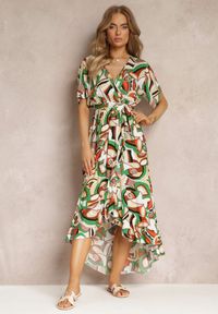 Renee - Zielona Wzorzysta Sukienka Midi z Gumką w Talii z Wiskozy Angelett. Okazja: na co dzień. Kolor: zielony. Materiał: wiskoza. Typ sukienki: kopertowe. Styl: casual. Długość: midi