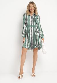 Born2be - Zielona Sukienka Koszulowa z Wiskozy Rozkloszowana z Materiałowym Paskiem Sigina. Okazja: do pracy. Kolor: zielony. Materiał: wiskoza, materiał. Długość rękawa: długi rękaw. Typ sukienki: koszulowe #3