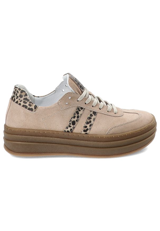 Beżowe Sneakersy Armodo Stylowe Obuwie Damskie Panterka. Okazja: na co dzień, na spacer. Kolor: beżowy. Materiał: tkanina, zamsz. Wzór: motyw zwierzęcy. Styl: elegancki
