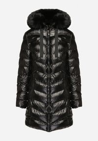 Born2be - Czarna Długa Pikowana Kurtka z Odpinanym Futerkiem i Sznurkami Rinnarae. Okazja: na spacer, na co dzień. Typ kołnierza: kaptur. Kolor: czarny. Materiał: futro. Długość: długie. Styl: casual, elegancki #3