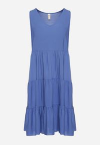 Born2be - Niebieska Rozkloszowana Sukienka z Bawełny na Ramiączkach Zasea. Okazja: na randkę, na co dzień. Typ kołnierza: dekolt w kształcie V. Kolor: niebieski. Materiał: bawełna. Długość rękawa: na ramiączkach. Styl: casual, elegancki #3