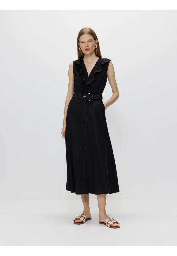 Reserved - Sukienka z lnem - czarny. Kolor: czarny. Materiał: len. Typ sukienki: rozkloszowane