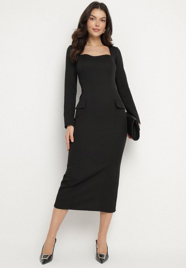 Born2be - Czarna Elegancka Sukienka Ołówkowa z Wiązaniem i Imitacją Kieszeni Tillirisa. Okazja: na imprezę, na co dzień, na spotkanie biznesowe. Kolor: czarny. Długość rękawa: długi rękaw. Typ sukienki: ołówkowe. Styl: elegancki