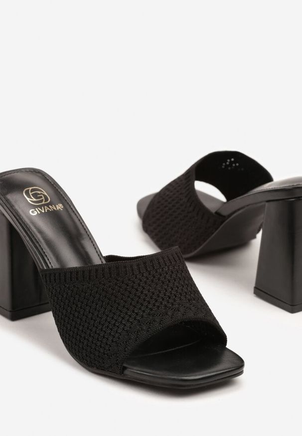 Renee - Czarne Klapki na Słupku Ozdobione Plecionką Aluienna. Okazja: na co dzień. Kolor: czarny. Materiał: jeans. Wzór: aplikacja. Obcas: na słupku. Styl: elegancki, casual. Wysokość obcasa: średni