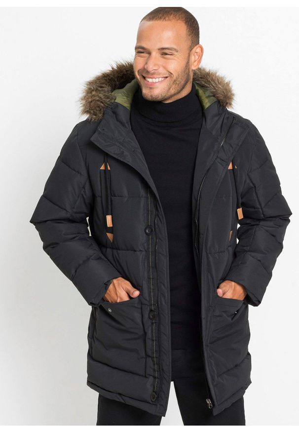 bonprix - Praktyczna, ocieplana kurtka parka na zimę, z kapturem ze sztucznym futerkiem i detalami z imitacji skóry. Typ kołnierza: kaptur. Kolor: czarny. Materiał: futro, skóra. Sezon: zima