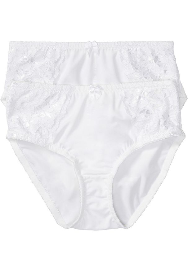 bonprix - Figi maxi z delikatną koronką (2 pary). Kolor: biały. Materiał: koronka. Wzór: koronka