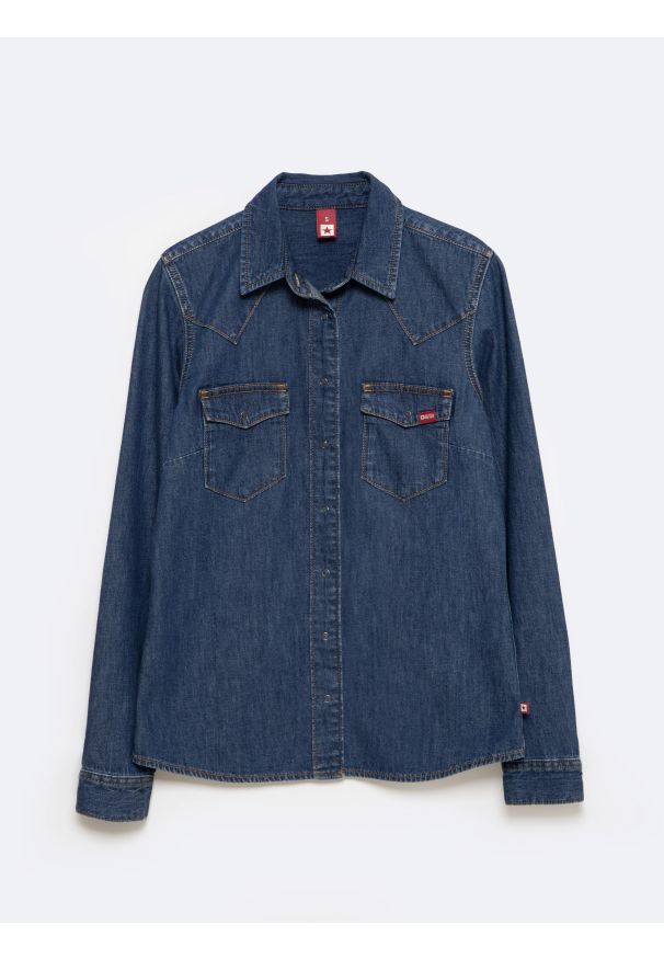 Big-Star - Koszula damska jeansowa slim granatowa Norra 524. Okazja: na co dzień. Typ kołnierza: kołnierzyk klasyczny. Kolor: niebieski. Materiał: jeans. Długość rękawa: długi rękaw. Długość: długie. Styl: klasyczny, casual, elegancki