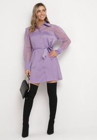 Born2be - Fioletowa Koszulowa Mini Sukienka z Materiałowym Paskiem i Siateczką w Górnej Części Gudris. Kolor: fioletowy. Materiał: materiał. Typ sukienki: koszulowe. Długość: mini #7