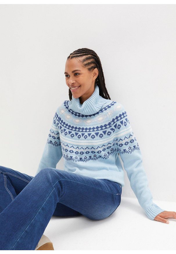 bonprix - Sweter z golfem, w norweski wzór. Typ kołnierza: golf. Kolor: niebieski
