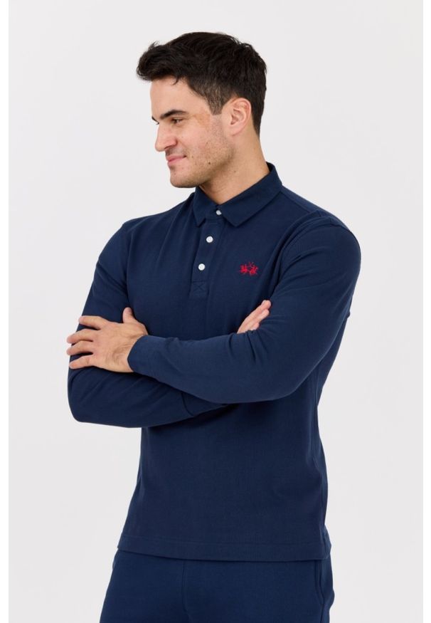 La Martina - LA MARTINA Granatowy męski longsleeve polo HEAVY JERSEY, Rozmiar XXL. Typ kołnierza: polo. Kolor: czarny. Materiał: jersey. Długość rękawa: długi rękaw