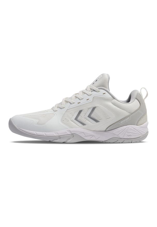 Buty halowe Hummel Speed Court. Zapięcie: sznurówki. Kolor: biały, wielokolorowy, szary. Materiał: materiał, syntetyk, tkanina. Szerokość cholewki: normalna. Sport: turystyka piesza