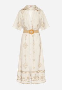 Born2be - Beżowa Bawełniana Sukienka Koszulowa z Ozdobnym Paskiem i Haftem Evialisse. Okazja: na imprezę, na co dzień. Kolor: beżowy. Materiał: bawełna. Wzór: haft. Typ sukienki: koszulowe. Styl: casual, elegancki #2