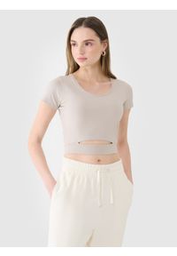 4f - 4F T-shirt crop top gładki damski - beżowy L. Okazja: na co dzień. Kolor: beżowy. Materiał: dzianina, bawełna, jersey, materiał, elastan. Długość rękawa: krótki rękaw. Długość: krótkie. Wzór: gładki. Styl: sportowy, casual