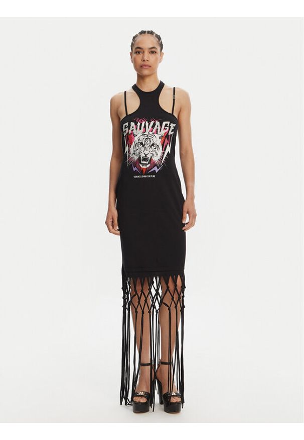 Versace Jeans Couture Sukienka codzienna Logo Fringes 78HAOE01 CJ02E Czarny Regular Fit. Okazja: na co dzień. Kolor: czarny. Materiał: bawełna. Typ sukienki: proste. Styl: casual