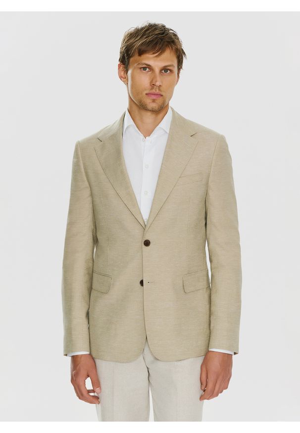 Pako Lorente - PAKO LORENTE – Beżowa marynarka z lnem. Kolor: niebieski, beżowy. Materiał: len. Wzór: gładki