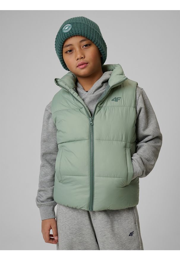 4f - 4F Bezrękawnik z wypełnieniem syntetycznym chłopięcy - miętowy 128 (7-8 lat). Okazja: na co dzień. Typ kołnierza: kołnierzyk stójkowy. Kolor: turkusowy. Materiał: syntetyk. Długość rękawa: bez rękawów. Sezon: lato. Styl: casual, sportowy