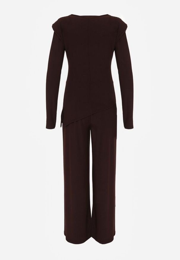 Born2be - Brązowy Elegancki Komplet Szerokie Spodnie i Bluzka z Usztywnianymi Ramionami Sewesta. Kolor: brązowy