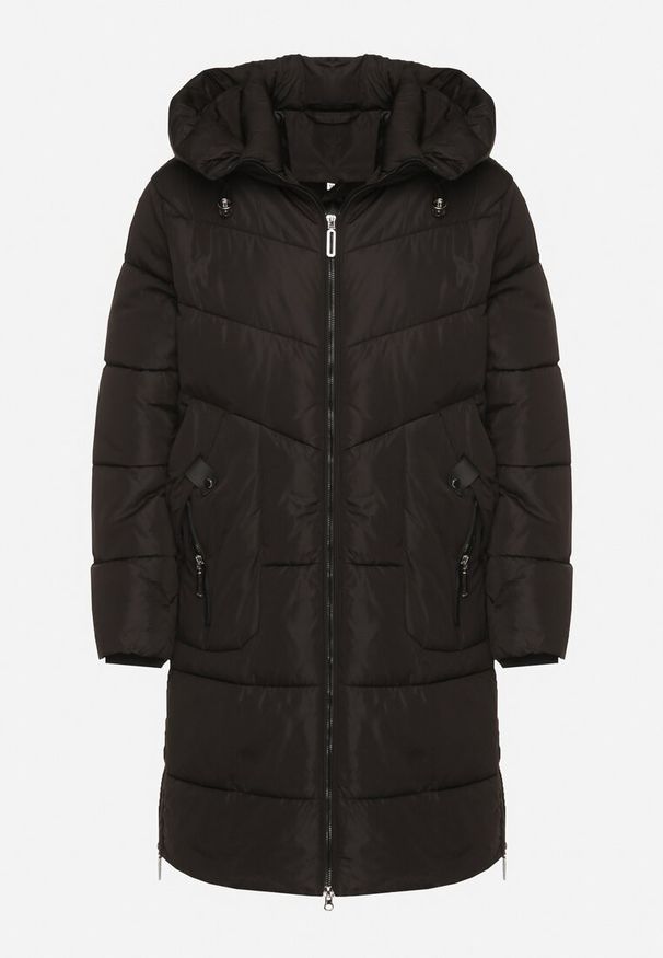 Born2be - Czarna Kurtka Pikowana z Kapturem i Suwakami po Bokach Lindrie. Okazja: na co dzień, na spacer. Typ kołnierza: kaptur. Kolor: czarny. Materiał: poliester, dzianina, jeans. Długość: długie. Styl: casual