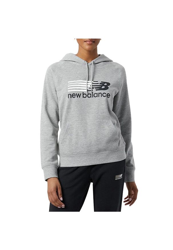 Bluza New Balance WT23800AG - szara. Okazja: na co dzień. Typ kołnierza: kaptur. Kolor: szary. Materiał: dresówka, prążkowany, poliester, bawełna. Styl: sportowy, casual