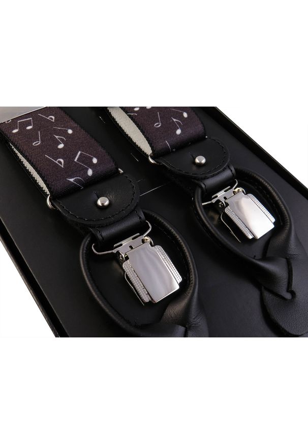 Modini - Ciemne szelki we wzór muzyczny na żabki i na guzik G64. Materiał: skóra, guma