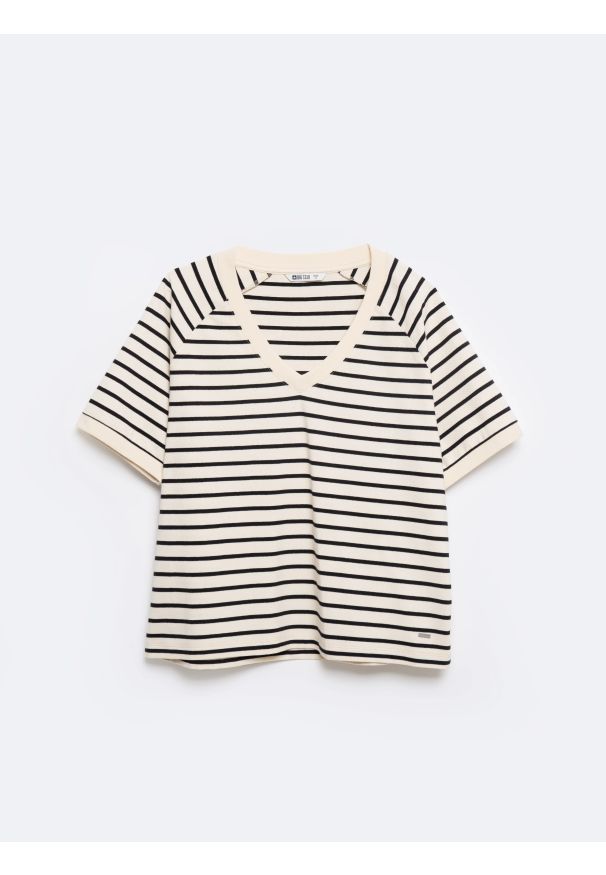 Big-Star - Koszulka damska z dekoltem v-neck w paski beżowo-czarna Lera 103. Kolor: biały. Materiał: jeans, dzianina. Długość: krótkie. Wzór: paski. Sezon: lato