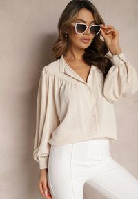 Renee - Jasnobeżowa Koszula ze Stójką Inspirowana Stylem Retro Bubiana. Typ kołnierza: kołnierzyk stójkowy. Kolor: beżowy. Styl: retro