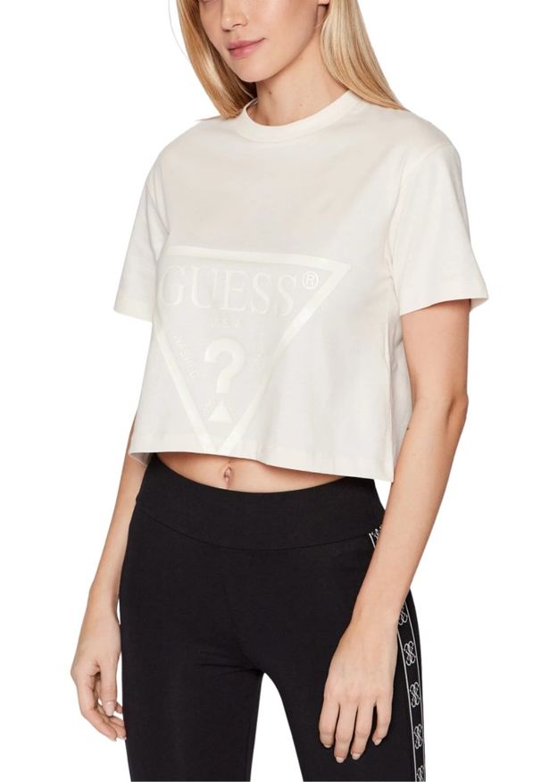 Guess - GUESS Kremowy bawełniany t-shirt damski Adele Crop, Rozmiar S. Okazja: na co dzień. Kolor: beżowy. Materiał: bawełna. Długość: krótkie. Styl: casual