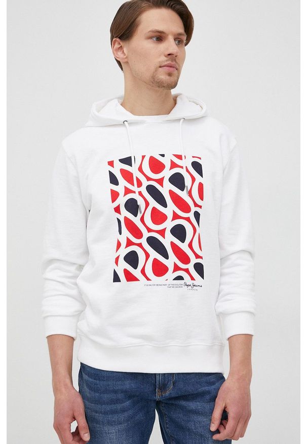 Pepe Jeans bluza bawełniana DARDANUS męska kolor biały z kapturem z nadrukiem. Typ kołnierza: kaptur. Kolor: biały. Materiał: bawełna. Wzór: nadruk