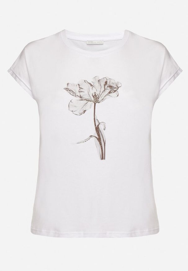 Born2be - Biały Bawełniany T-shirt z Kwiatowym Wzorem i Cyrkoniami Rohna. Okazja: na co dzień. Kolor: biały. Materiał: bawełna. Wzór: kwiaty. Sezon: lato, wiosna. Styl: klasyczny, casual