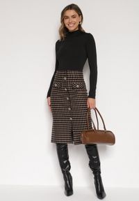 Born2be - Czarno-Beżowa Ołówkowa Tweedowa Spódnica w Kraciasty Wzór z Guzikami Anitusa. Okazja: na co dzień. Kolor: czarny. Materiał: jeans. Styl: klasyczny, casual, elegancki #2