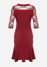Born2be - Bordowa Taliowana Sukienka VICES z Koronkowymi Rękawami Oceamara. Kolor: czerwony. Materiał: koronka. Wzór: aplikacja, koronka. Styl: elegancki #3