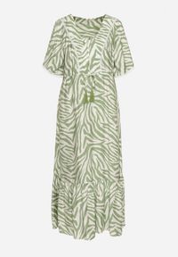 Born2be - Jasnozielona Sukienka z Bawełny i Wiskozy w Abstrakcyjne Paski ze Sznurkiem w Talii Navarae. Okazja: na co dzień. Kolor: zielony. Materiał: wiskoza, bawełna. Wzór: paski. Typ sukienki: proste. Styl: casual, wizytowy #5