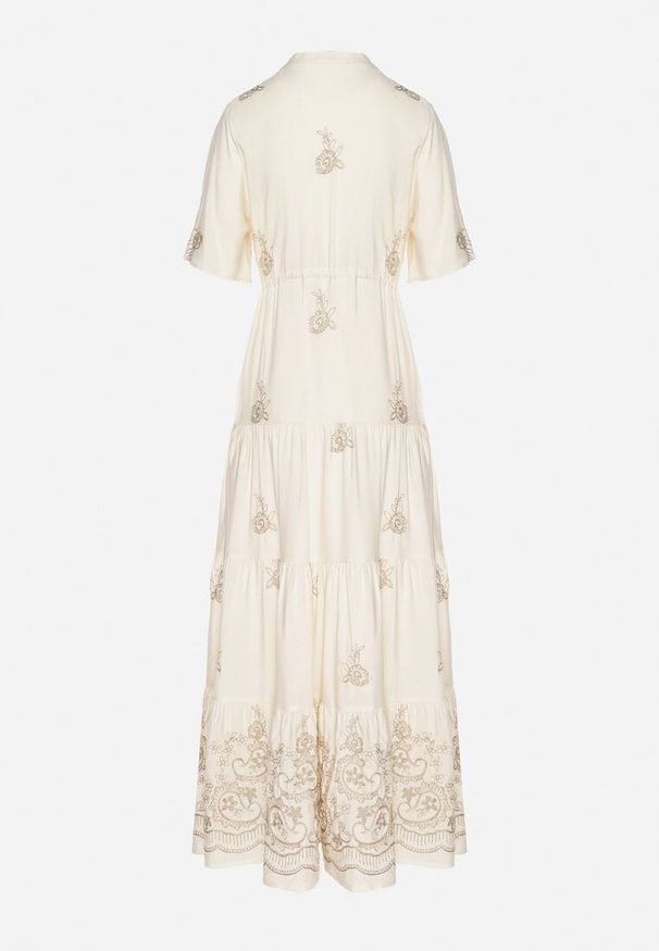 Born2be - Beżowa Wiskozowa Sukienka Boho o Rozkloszowanym Kroju z Haftem i Wiązaniem Lilvanis. Okazja: na co dzień. Typ kołnierza: dekolt w serek. Kolor: beżowy. Materiał: wiskoza. Długość rękawa: krótki rękaw. Wzór: haft. Styl: boho