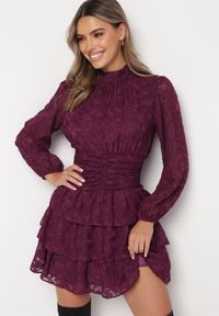 Born2be - Fioletowa Taliowana Sukienka Mini Koronkowa z Falbankami Ciluna. Okazja: na co dzień. Typ kołnierza: kołnierz z falbankami. Kolor: fioletowy. Materiał: koronka. Wzór: aplikacja. Styl: klasyczny, casual, elegancki. Długość: mini #5