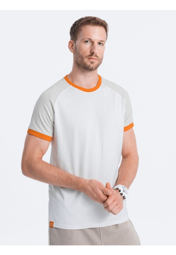 Ombre Clothing - T-shirt męski bawełniany z reglanem - szaro-biały V2 S1623 - XXL. Kolor: szary. Materiał: bawełna. Długość rękawa: raglanowy rękaw. Wzór: kolorowy, aplikacja. Styl: klasyczny
