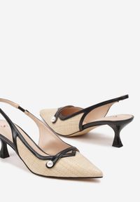 Born2be - Beżowo-Czarne Sandały na Obcasie w Stylu Kaczuszki Bez Pięty Ozdobione Perełką Xaresi. Okazja: na co dzień. Zapięcie: pasek. Kolor: beżowy. Materiał: jeans. Wzór: aplikacja. Obcas: na obcasie. Styl: casual, elegancki. Wysokość obcasa: średni #2