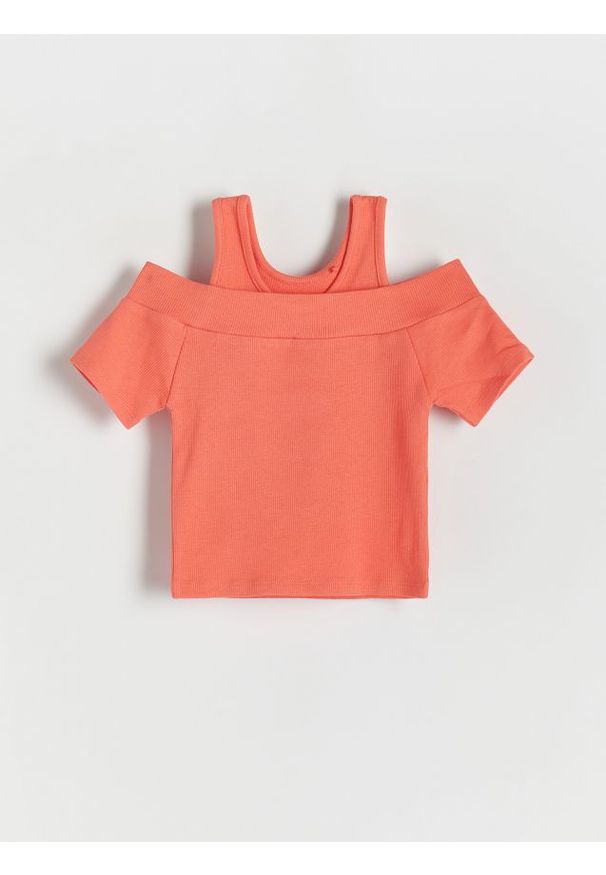 Reserved - Prążkowana bluzka - koralowy. Kolor: pomarańczowy. Materiał: prążkowany. Długość: krótkie