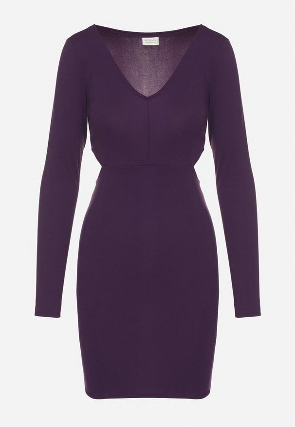 Born2be - Fioletowa Sukienka o Dopasowanym Kroju z Wycięciami w Talii Halassia. Okazja: na co dzień, na randkę. Typ kołnierza: dekolt w serek. Kolor: fioletowy. Długość rękawa: długi rękaw. Typ sukienki: dopasowane, proste. Styl: casual, elegancki