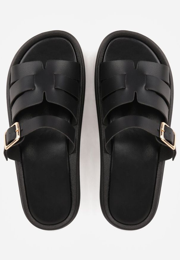 Renee - Czarne Klapki z Przekładanymi Paskami i Regulacją z Klamrą Celilye. Okazja: na co dzień. Kolor: czarny. Materiał: koronka. Sezon: lato. Styl: boho, casual