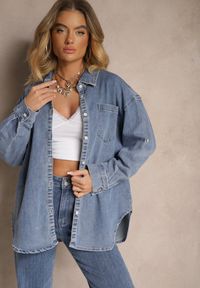 Renee - Niebieska Jeansowa Koszula z Wiskozą o Kroju Oversize Ulariela. Okazja: do pracy. Typ kołnierza: kołnierzyk klasyczny. Kolor: niebieski. Materiał: jeans, wiskoza. Styl: klasyczny, elegancki #3