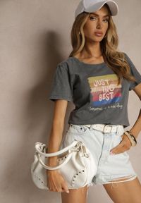 Renee - Ciemnoszary T-shirt z Bawełny z Nadrukiem Inaren. Okazja: na co dzień. Kolor: szary. Materiał: bawełna. Wzór: nadruk. Styl: klasyczny, casual