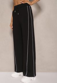 Renee - Czarne Spodnie Dresowe z Bawełną o Szerokim Kroju High Waist z Paskami Salliara. Okazja: na co dzień. Stan: podwyższony. Kolor: czarny. Materiał: dresówka, bawełna. Styl: elegancki, casual