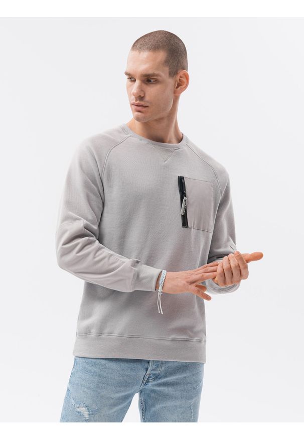 Ombre Clothing - Bluza męska bez kaptura - jasnoszara - Rozmiar: S. Typ kołnierza: bez kaptura. Kolor: szary. Materiał: tkanina, dzianina, poliester, materiał, bawełna, jeans