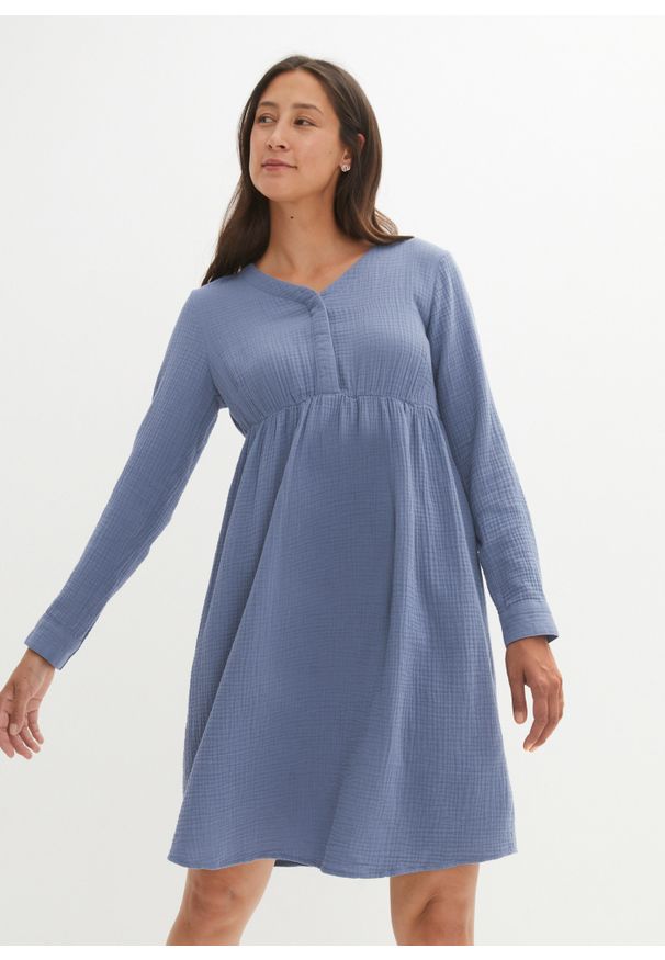bonprix - Sukienka ciążowa i do karmienia z muślinu. Kolekcja: moda ciążowa. Kolor: niebieski