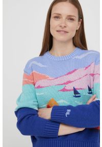 Polo Ralph Lauren sweter z domieszką wełny damski ciepły. Typ kołnierza: polo. Kolor: niebieski. Materiał: wełna