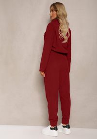 Renee - Bordowy Komplet Dresowy w Prążki Bluza Kurtka Rozpinana z Kołnierzykiem i Spodnie Lisulla. Kolor: czerwony. Materiał: dresówka. Wzór: prążki. Sport: turystyka piesza #5