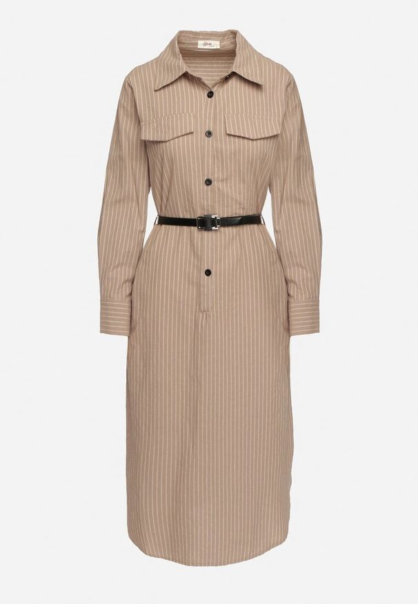 Born2be - Ciemnobeżowa Koszulowa Sukienka na Guziki z Paskiem i Imitacją Kieszeni Tintarra. Kolor: beżowy. Typ sukienki: koszulowe. Styl: elegancki, sportowy, klasyczny