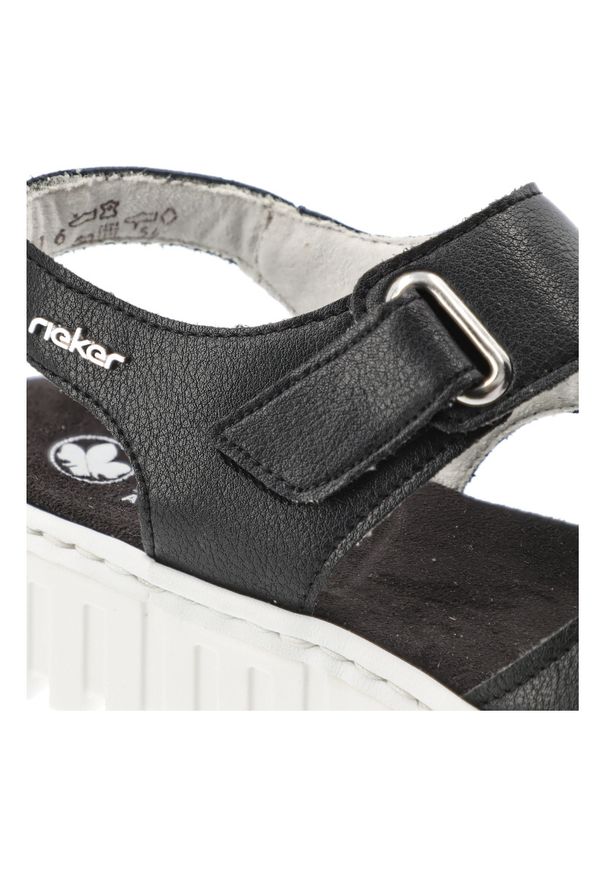 Sandały damskie Rieker, cholewka ze skóry naturalnej regulowane paski na rzepy odkryty fason, czarne, V1382-00. Okazja: na co dzień. Zapięcie: rzepy. Kolor: czarny. Materiał: skóra. Wzór: paski. Sezon: lato. Styl: casual, klasyczny, elegancki