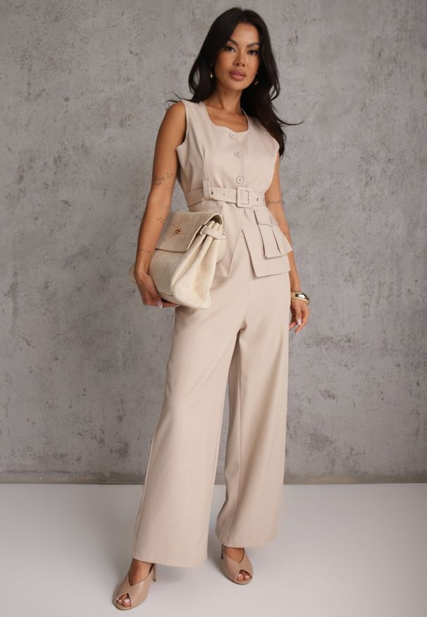 Renee - Beżowy Garniturowy Komplet z Bawełną Spodnie Wide Leg i Kamizelka Utility Aloane. Kolor: beżowy. Materiał: bawełna